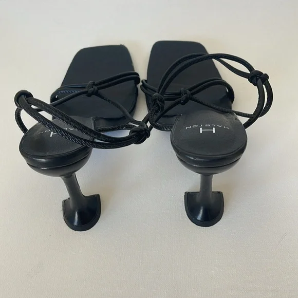 NWOT H by HALSTON PICASSO BLACK STRAPPY SQUARE TOE SPOOL HEELS SANDALS 8.5M - Picture 9 of 12